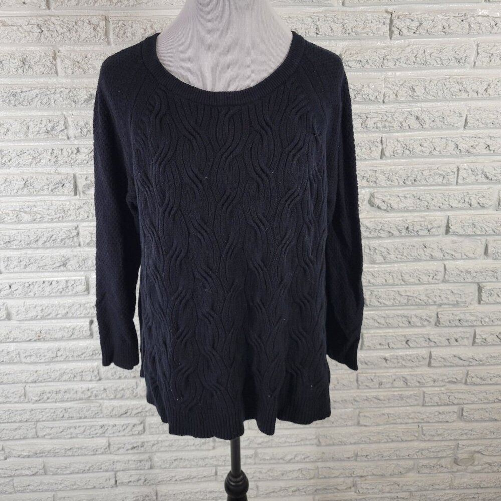 Sonoma Womens Sweater 1X Black Cotton Cable Knit Crew Neck Side Slits SWE165E